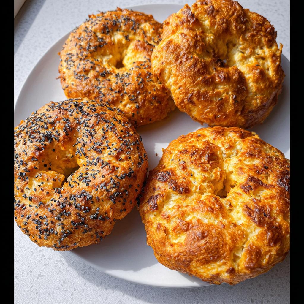 Four golden-brown cottage cheese flagels on a white plate, two topped with black sesame seeds.