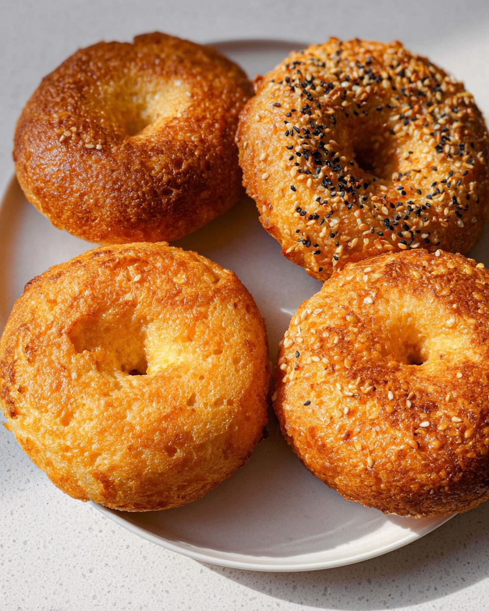 Four golden-brown cottage cheese flagels on a plate, two topped with sesame seeds and black sesame seeds.