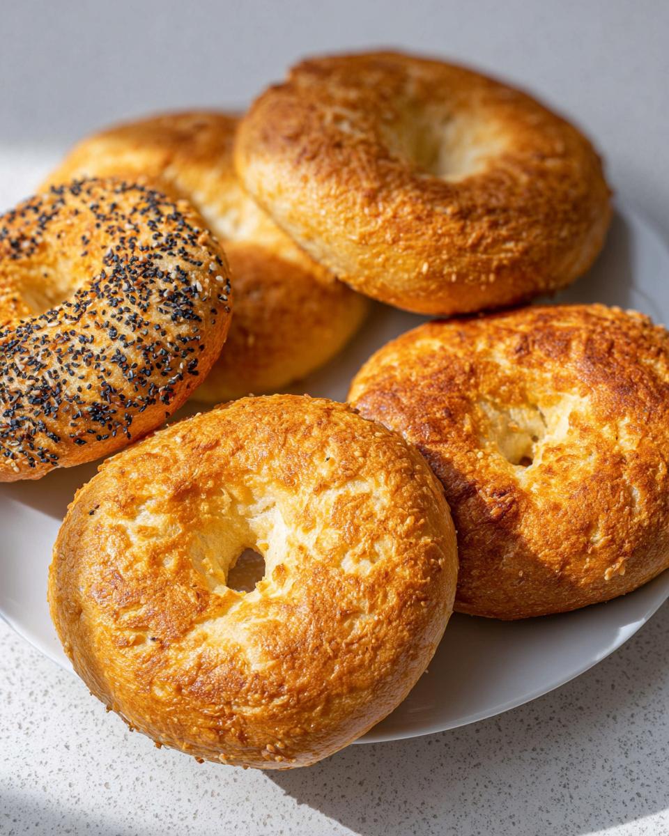 A plate of freshly baked cottage cheese flagels, some topped with sesame seeds and others with a golden crust.