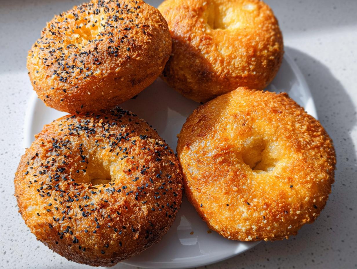 Four golden-brown cottage cheese flagels on a white plate, two topped with black sesame seeds.