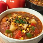 A close-up of a bowl of hearty Cowboy Soup, filled with ground beef, potatoes, corn, beans, and tomatoes, garnished with parsley.