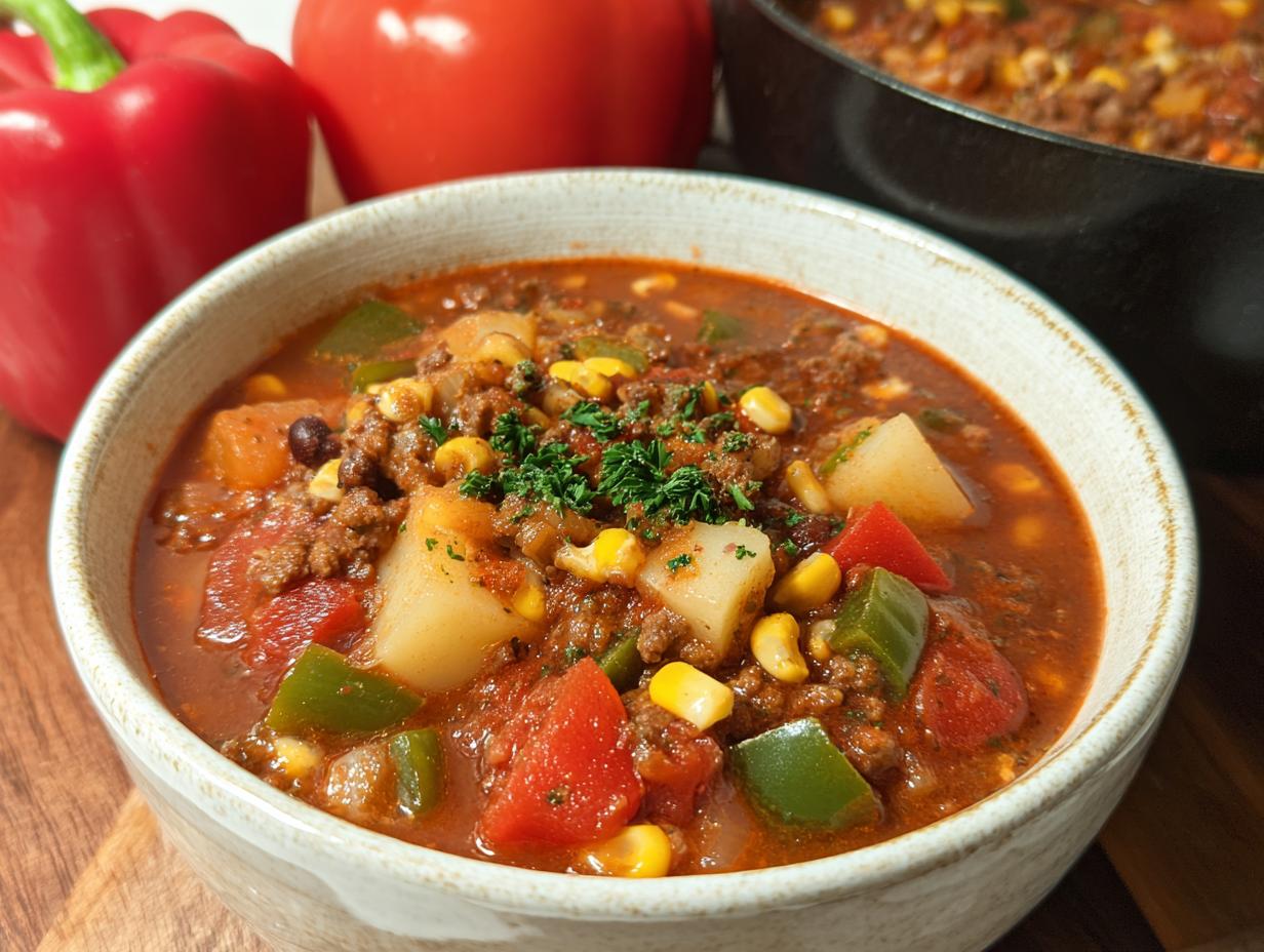 A close-up of a bowl of hearty Cowboy Soup, filled with ground beef, potatoes, corn, beans, and tomatoes, garnished with parsley.