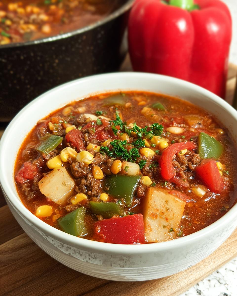 A close-up of a bowl of hearty Cowboy Soup, filled with ground beef, corn, potatoes, and bell peppers, garnished with parsley.