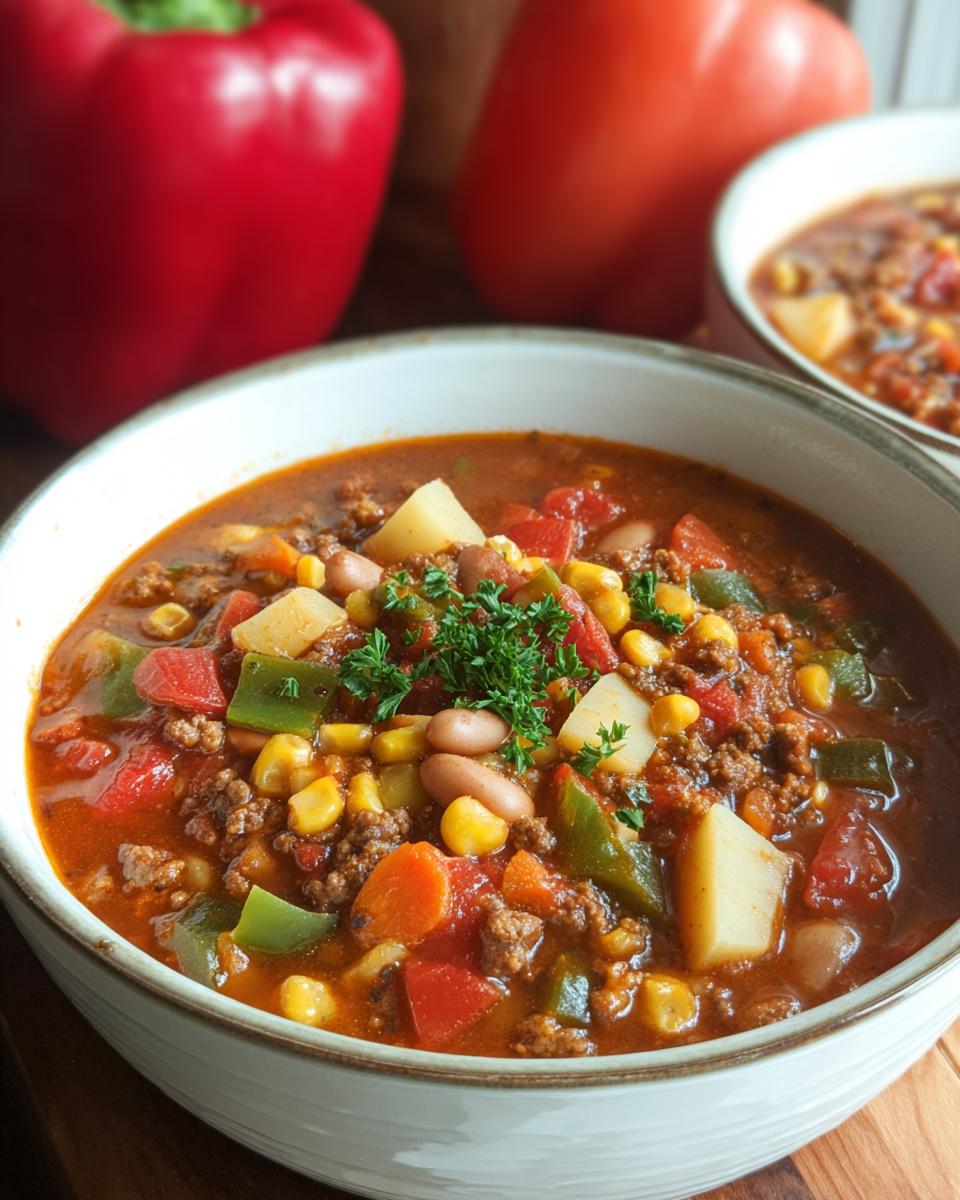 A close-up of a bowl of hearty Cowboy Soup, filled with ground beef, potatoes, corn, beans, and peppers, garnished with parsley.