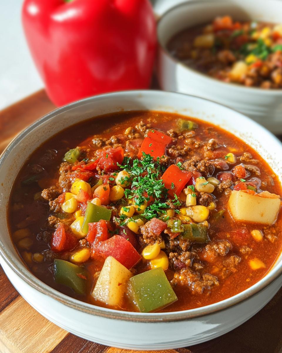 A close-up of a bowl of hearty Cowboy Soup, filled with ground beef, corn, peppers, tomatoes, and potatoes, garnished with parsley.