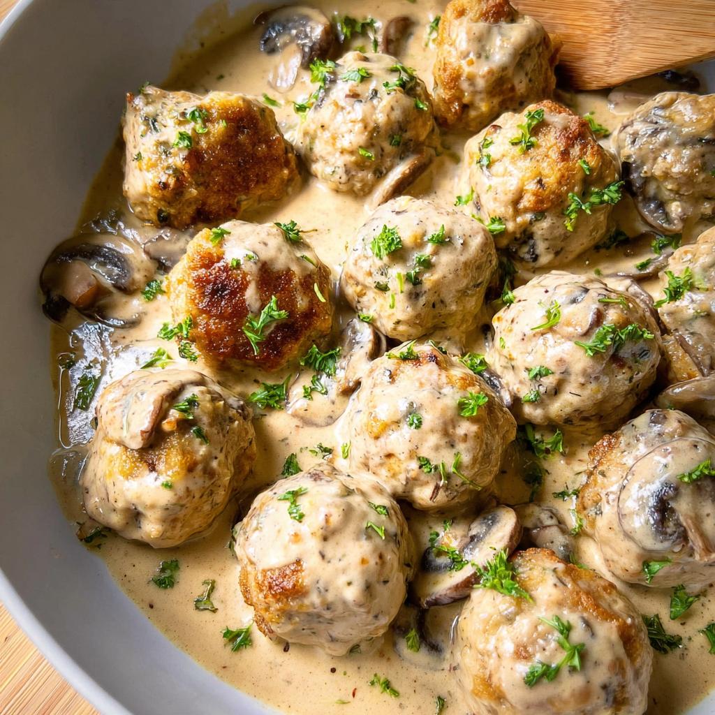 Close-up of delicious Creamy Mushroom Chicken Meatballs coated in a rich sauce with sliced mushrooms and parsley.