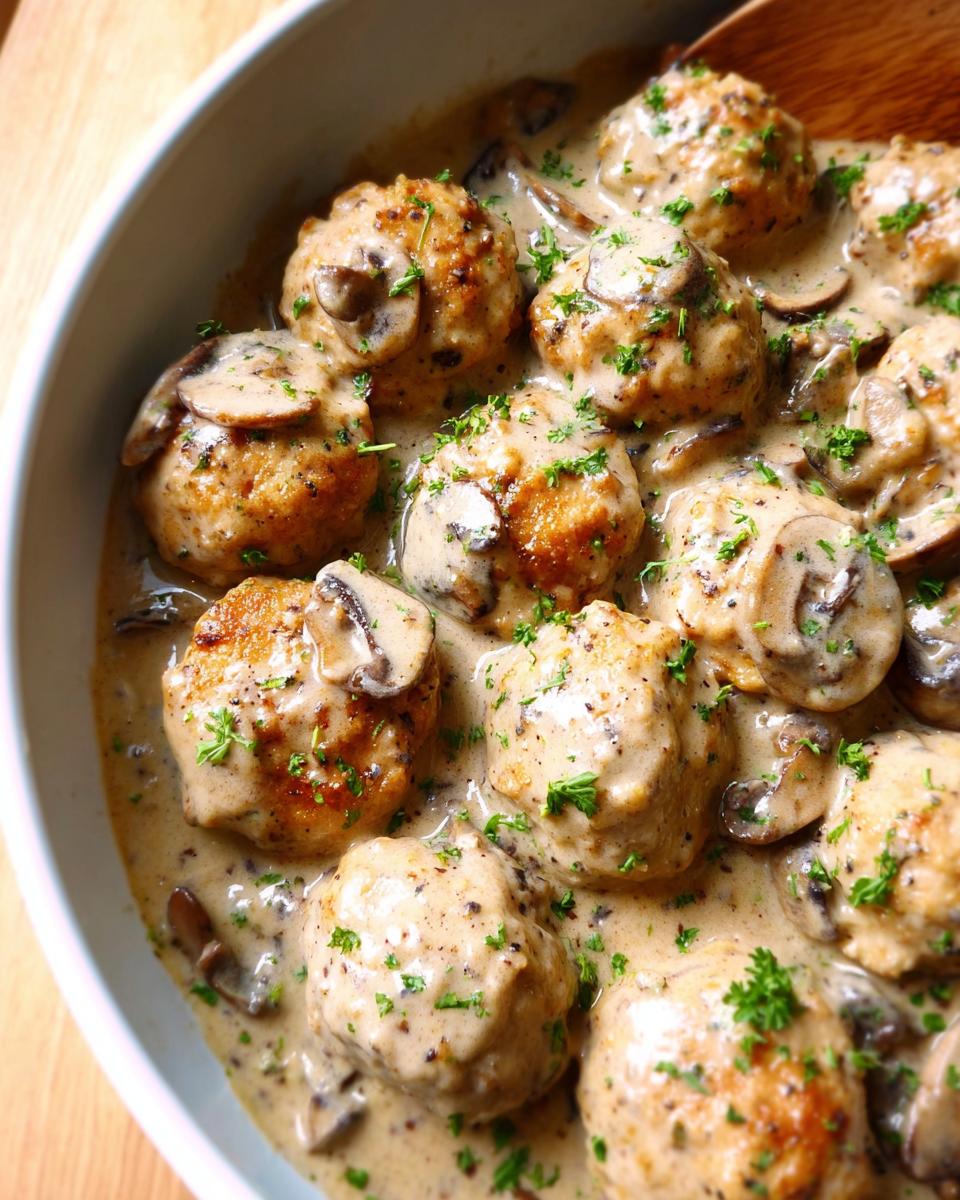 Close-up of delicious Creamy Mushroom Chicken Meatballs in a rich, creamy sauce with sliced mushrooms and parsley.