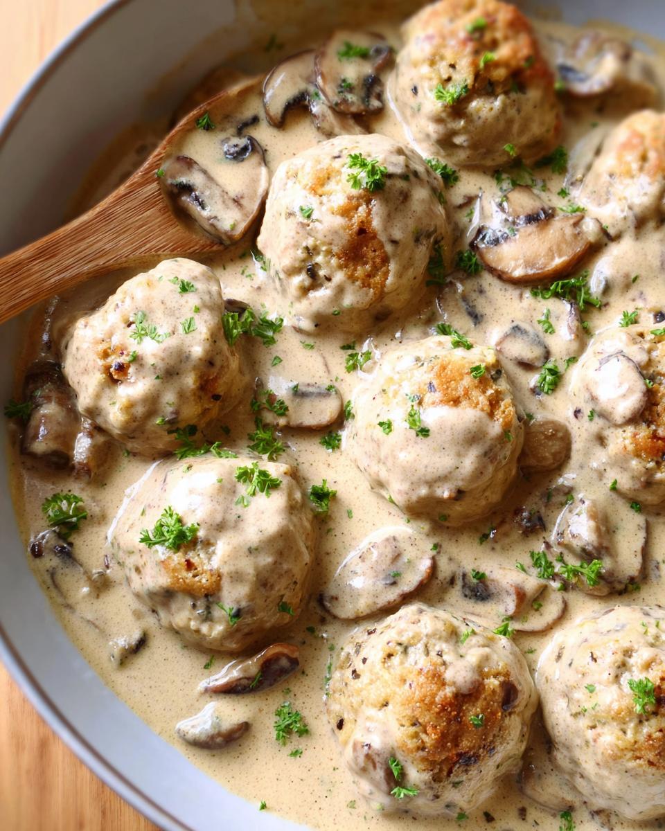 Close-up of delicious Creamy Mushroom Chicken Meatballs nestled in a rich, creamy mushroom sauce, garnished with parsley.