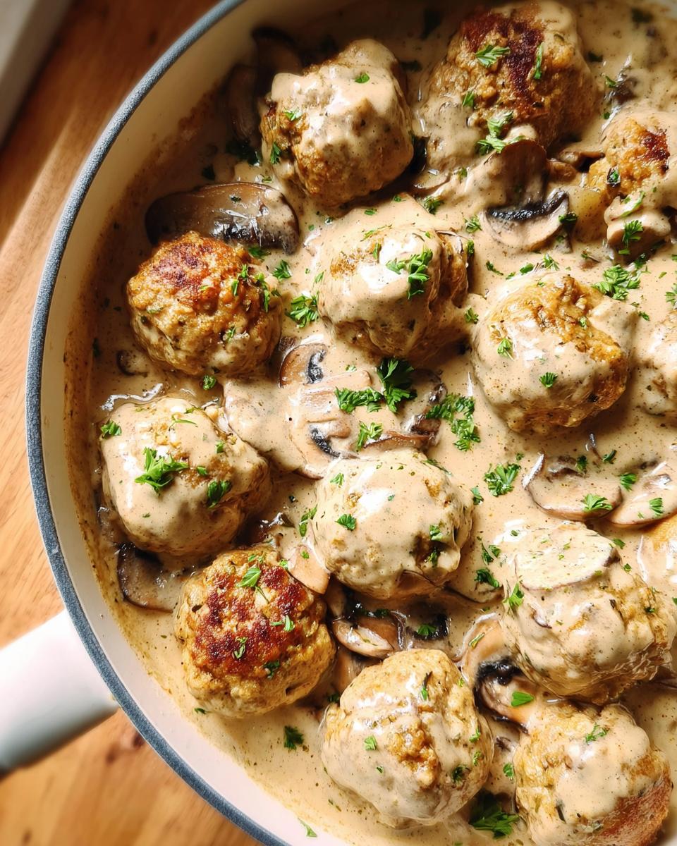 Close-up of delicious Creamy Mushroom Chicken Meatballs simmering in a rich, creamy sauce with sliced mushrooms and parsley.