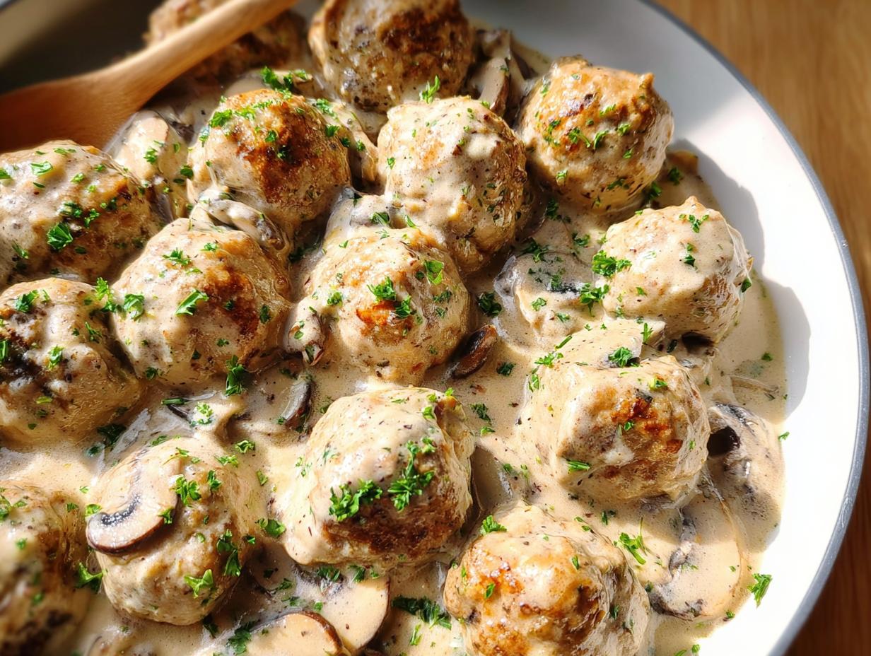 Close-up of delicious Creamy Mushroom Chicken Meatballs covered in a rich sauce with sliced mushrooms and parsley.
