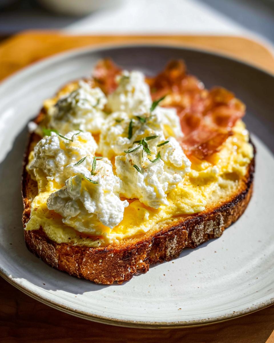 A slice of toast topped with creamy ricotta, fluffy scrambled eggs, and fresh herbs. This is the Creamy Ricotta Egg Toast.