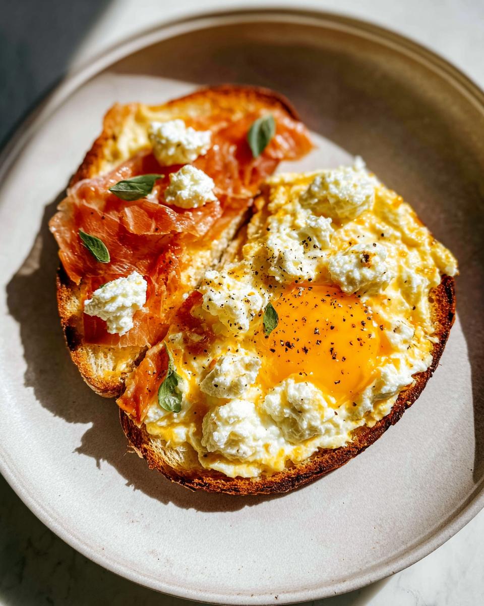 Close-up of two slices of Creamy Ricotta Egg Toast, one with prosciutto and ricotta, the other with a runny egg and ricotta.