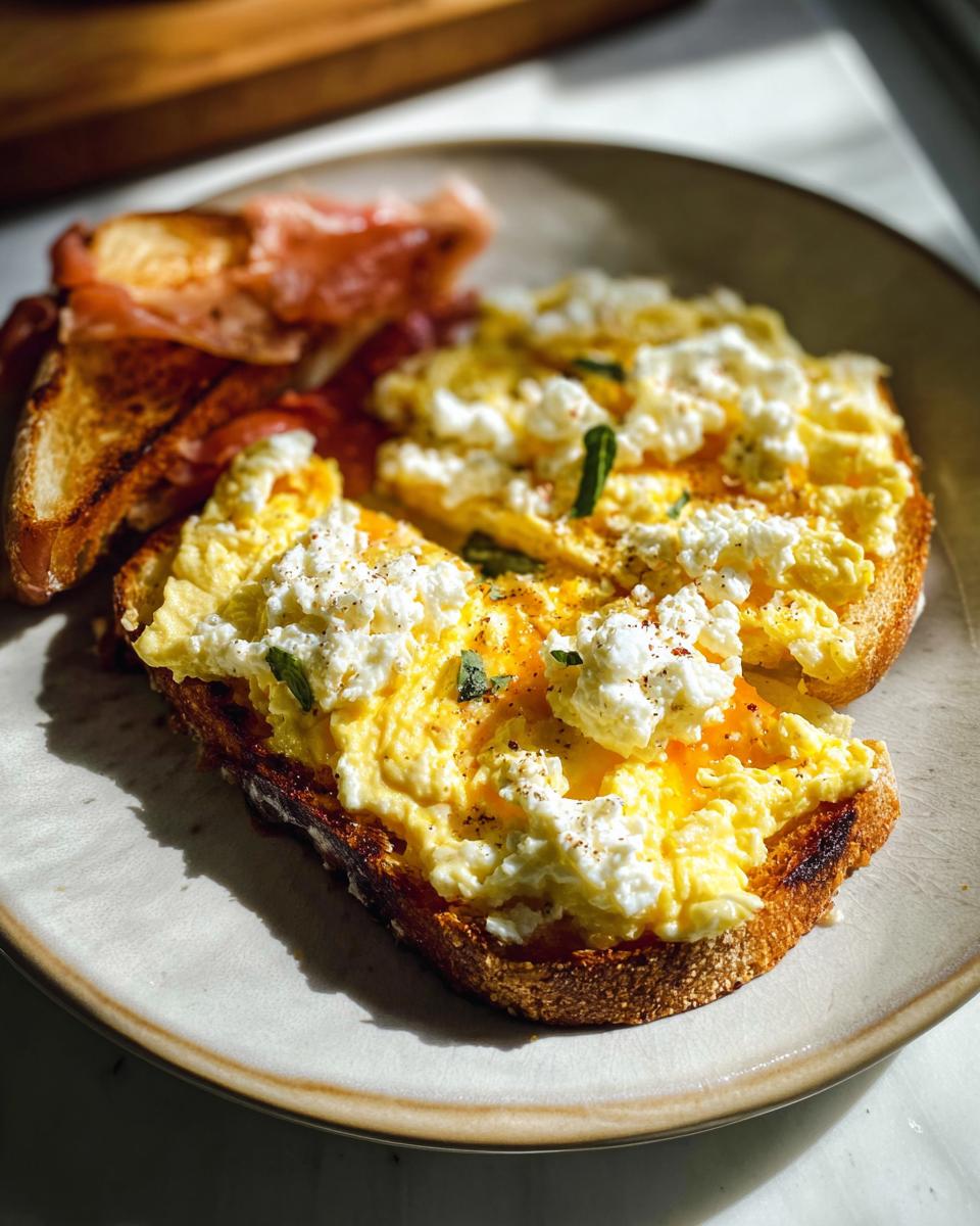 Close-up of Creamy Ricotta Egg Toast topped with fluffy scrambled eggs and dollops of ricotta cheese, served with toasted bread and prosciutto.