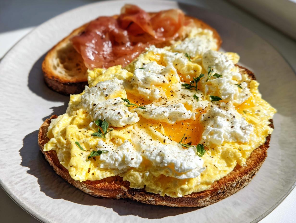 Close-up of Creamy Ricotta Egg Toast topped with scrambled eggs, ricotta cheese, and fresh herbs, with prosciutto on the side.