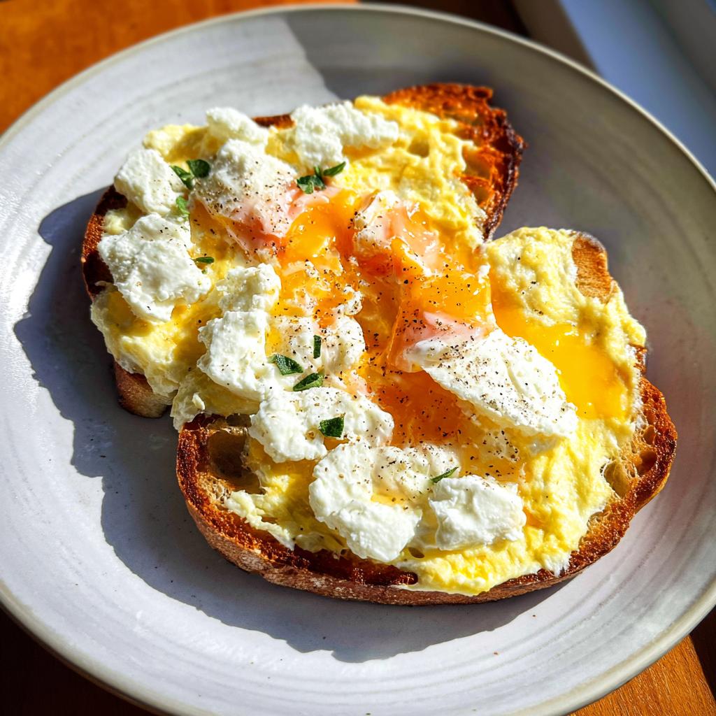 Two slices of toasted bread topped with creamy ricotta cheese and perfectly cooked eggs, showcasing runny yolks, for Creamy Ricotta Egg Toast.