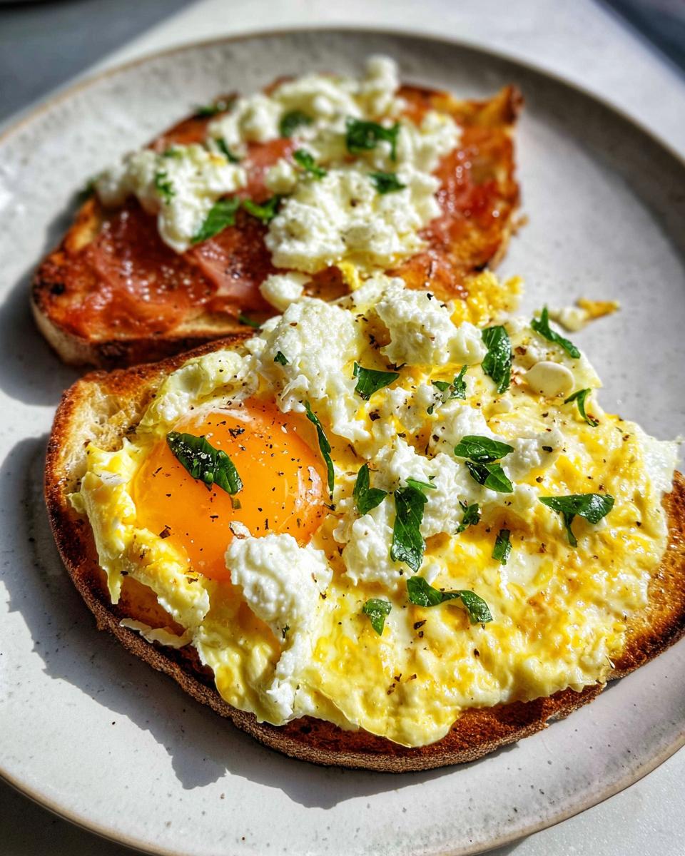 Close-up of two slices of Creamy Ricotta Egg Toast, one with a fried egg and ricotta, the other with a tomato base and ricotta.