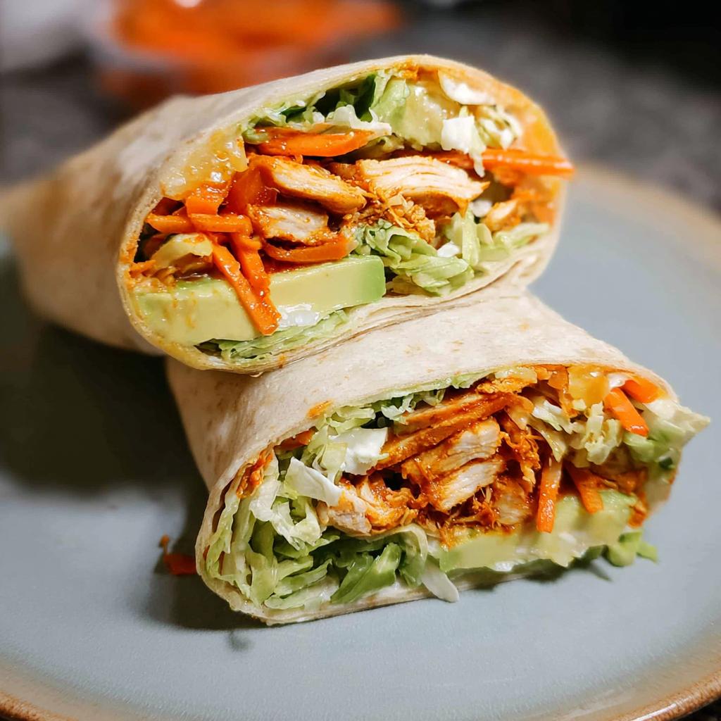 A close-up of a sliced wrap filled with creamy spinach and eggs, chicken, avocado, and shredded carrots.