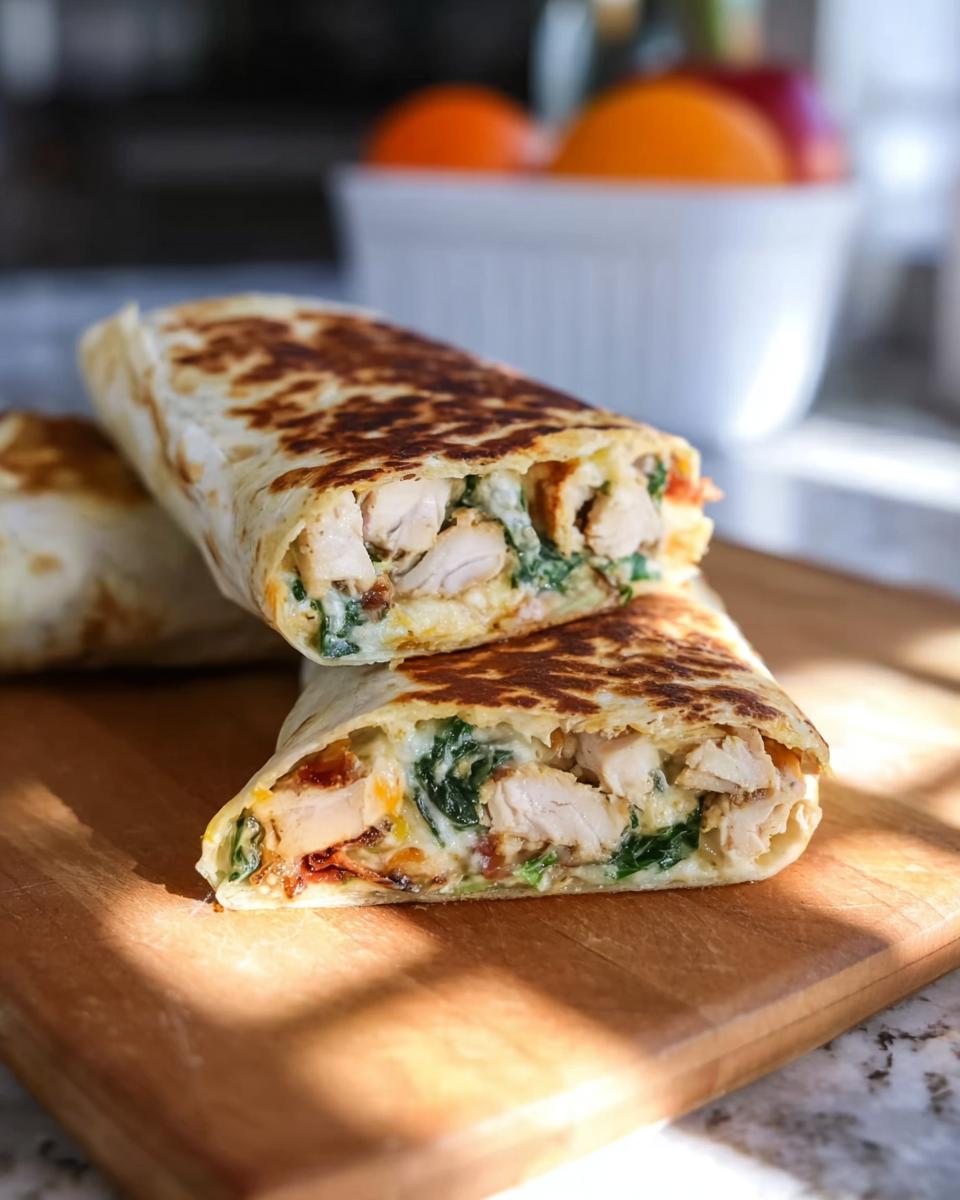 A close-up of a Crispy Chicken Bacon Wrap cut in half, revealing tender chicken, spinach, and bacon filling.