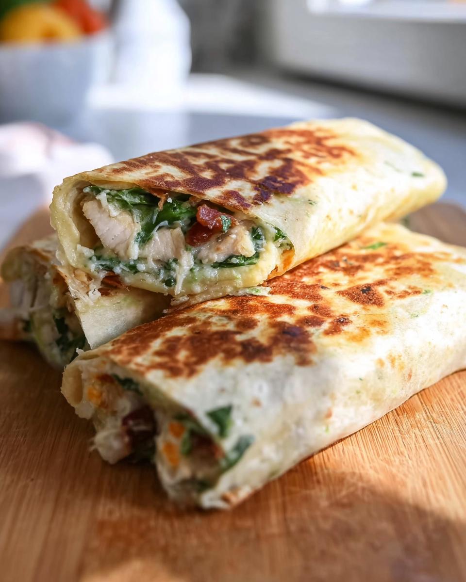 Close-up of a perfectly grilled Crispy Chicken Bacon Wrap, revealing tender chicken, bacon, and greens inside.