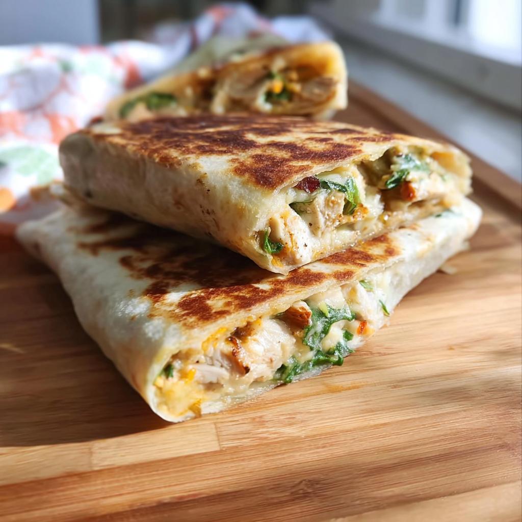 Close-up of two halves of a crispy chicken bacon wrap, showing chicken, bacon, cheese, and greens inside.