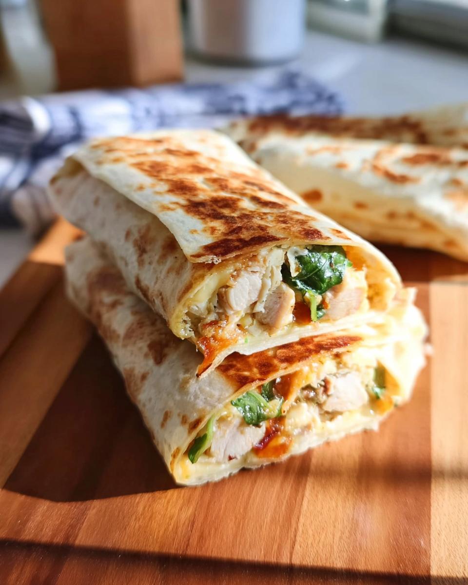 Two halves of a Crispy Chicken Bacon Wrap stacked on a wooden board, showing chicken, bacon, cheese, and greens.