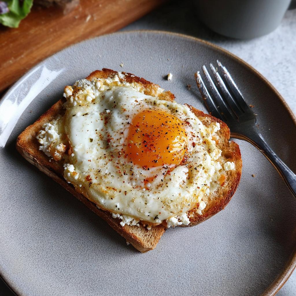 A delicious crispy feta fried egg served on toasted bread, seasoned with pepper and herbs.