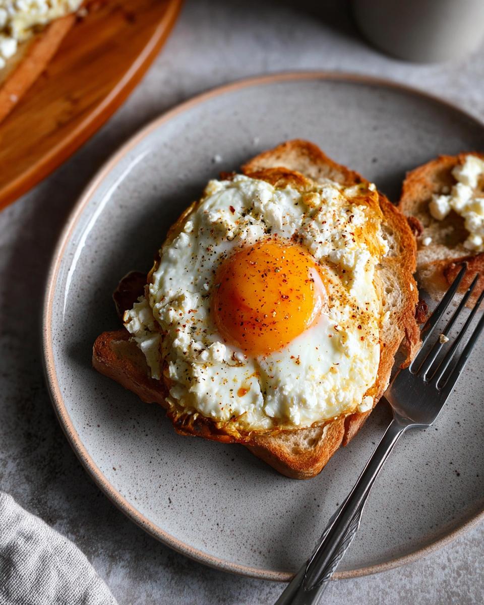 A close-up of crispy feta fried eggs served on toasted bread, seasoned with pepper.