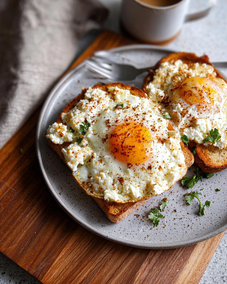 Two crispy feta fried eggs served on toast, sprinkled with herbs and spices.