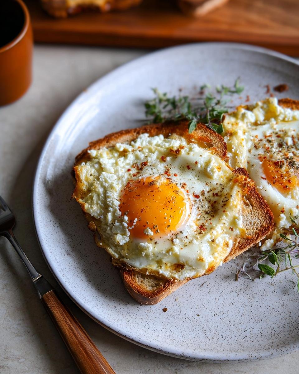 Two crispy feta fried eggs served on toasted bread, seasoned with herbs and spices.