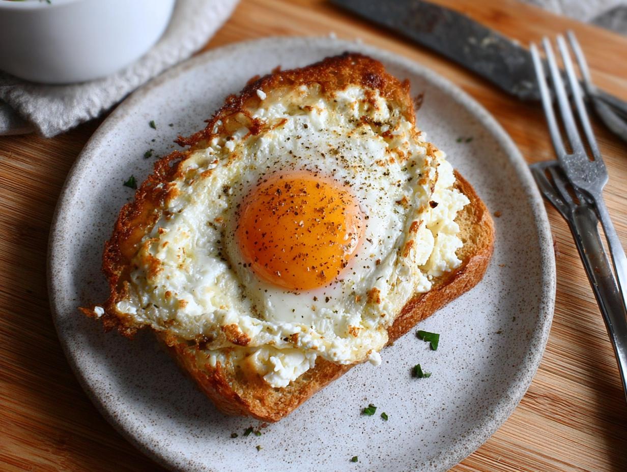 A single serving of crispy feta fried eggs on toasted bread, seasoned with black pepper.
