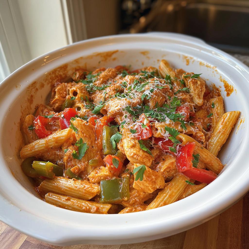 A serving of Crock Pot Creamy Cajun Chicken Pasta in a white dish, topped with Parmesan cheese and parsley.