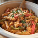 A close-up of Crock Pot Creamy Cajun Chicken Pasta in a white dish, garnished with parsley and cheese.