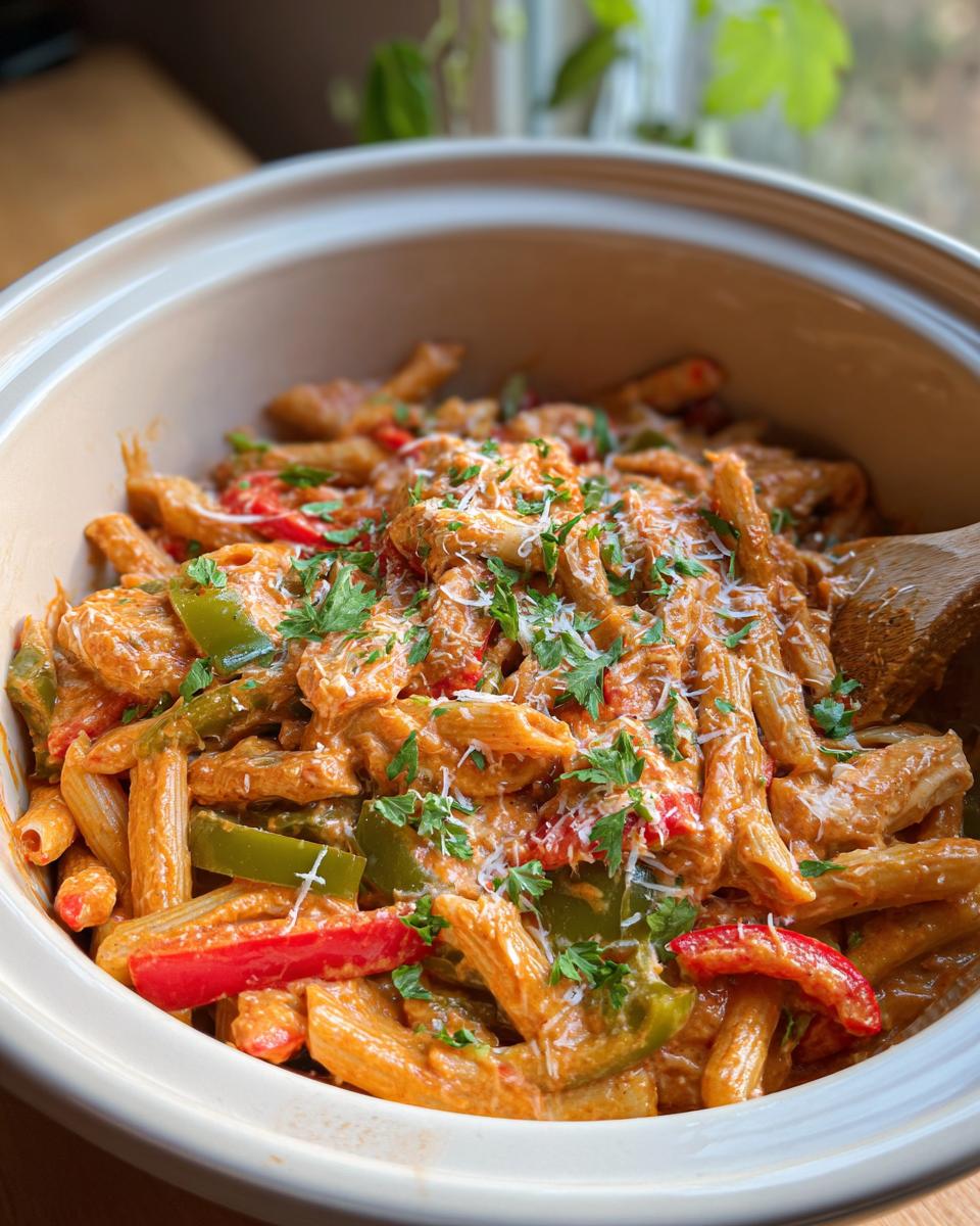 A close-up of Crock Pot Creamy Cajun Chicken Pasta in a ceramic dish, garnished with parsley and cheese.