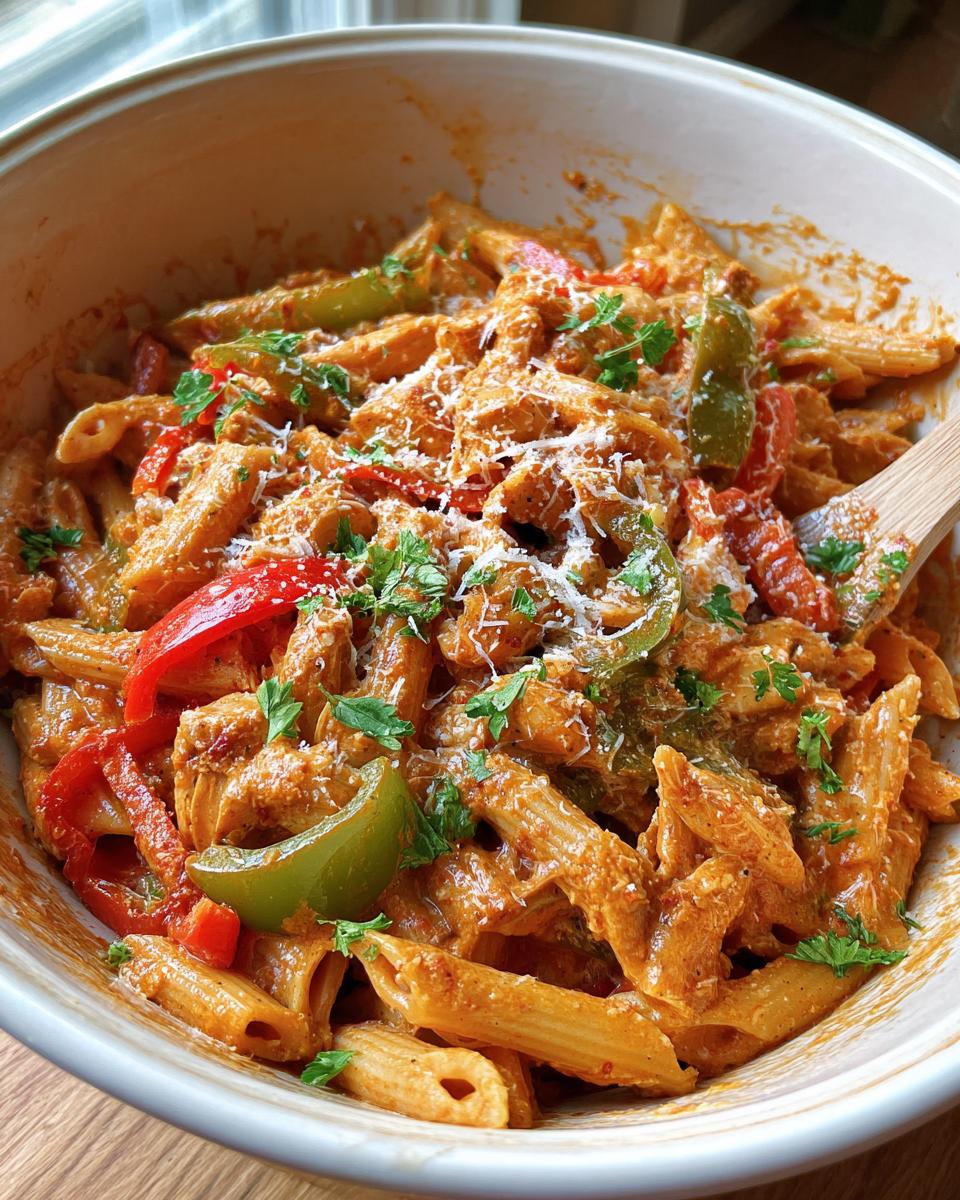 A bowl of Crock Pot Creamy Cajun Chicken Pasta with penne, bell peppers, and shredded chicken, topped with Parmesan cheese and parsley.
