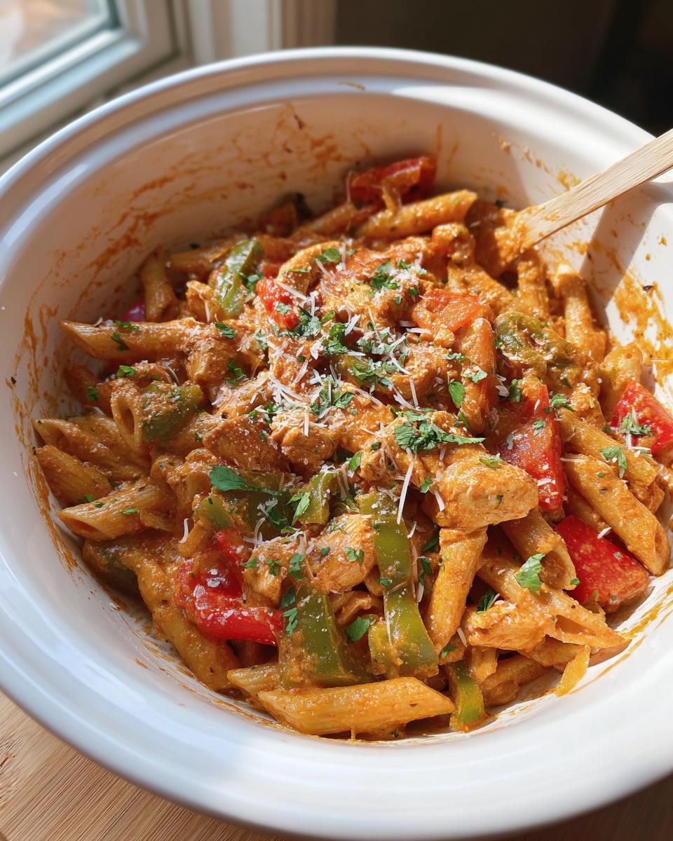 A bowl of Crock Pot Creamy Cajun Chicken Pasta with penne, chicken, and bell peppers, topped with shredded cheese and parsley.
