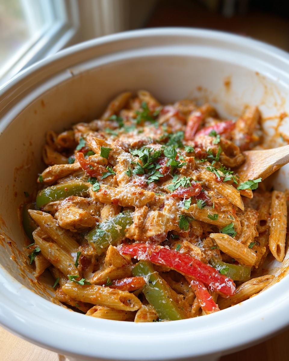 A close-up of Crock Pot Creamy Cajun Chicken Pasta with penne, bell peppers, and parsley.