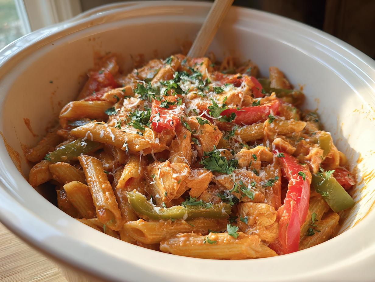 A close-up of Crock Pot Creamy Cajun Chicken Pasta in a white dish, garnished with parsley and cheese.