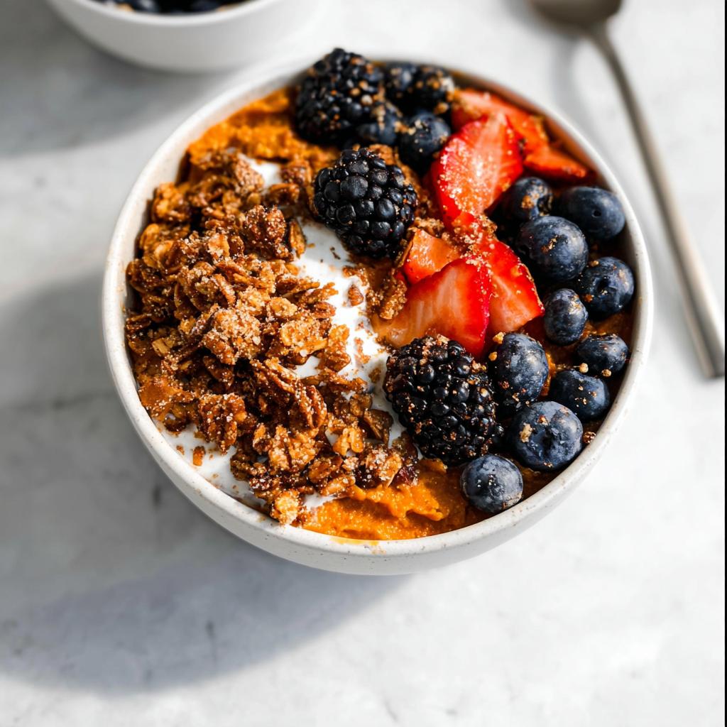 A Delicious Sweet Potato Breakfast Bowl topped with yogurt, granola, blueberries, blackberries, and strawberries.