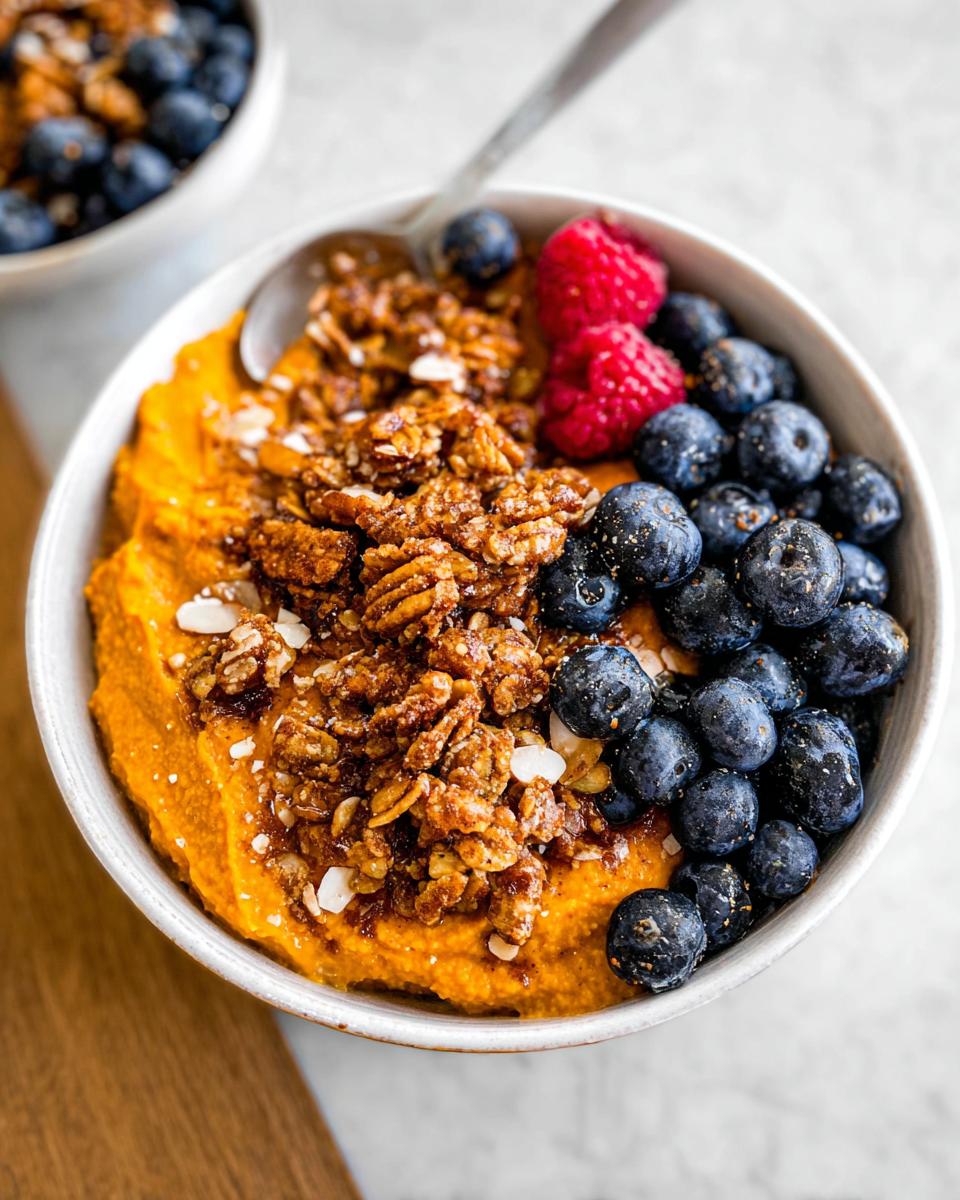 A Delicious Sweet Potato Breakfast Bowl topped with granola, blueberries, and raspberries.