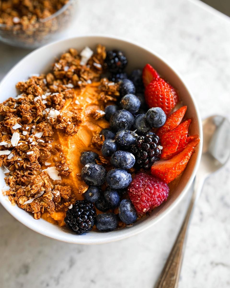 A Delicious Sweet Potato Breakfast Bowl topped with granola, blueberries, blackberries, strawberries, and raspberries.
