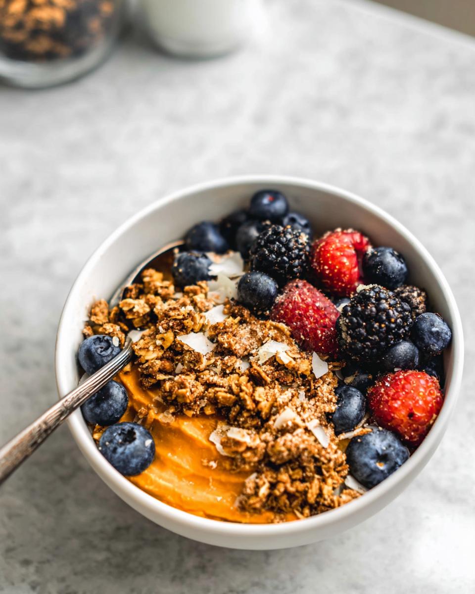 A Delicious Sweet Potato Breakfast Bowl topped with fresh berries, granola, and coconut flakes, with a spoon.