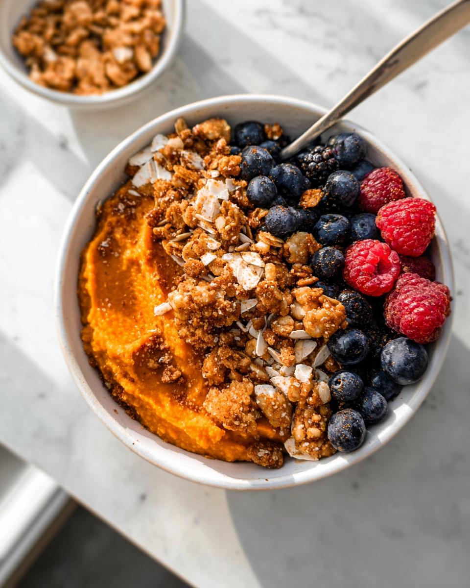 A Delicious Sweet Potato Breakfast Bowl topped with granola, blueberries, raspberries, and blackberries.
