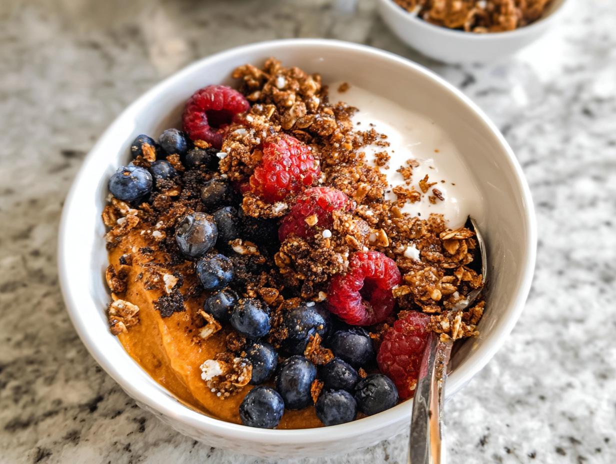 A Delicious Sweet Potato Breakfast Bowl topped with fresh blueberries, raspberries, and granola.