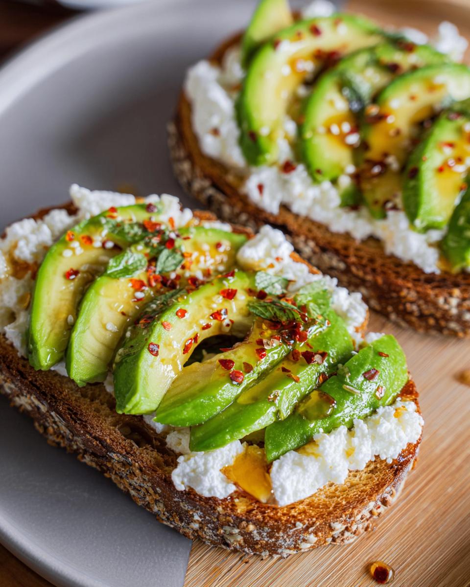 Close-up of two slices of EASY Avocado Toast with Cottage Cheese & Honey, topped with fresh avocado slices, cottage cheese, and a drizzle of honey.