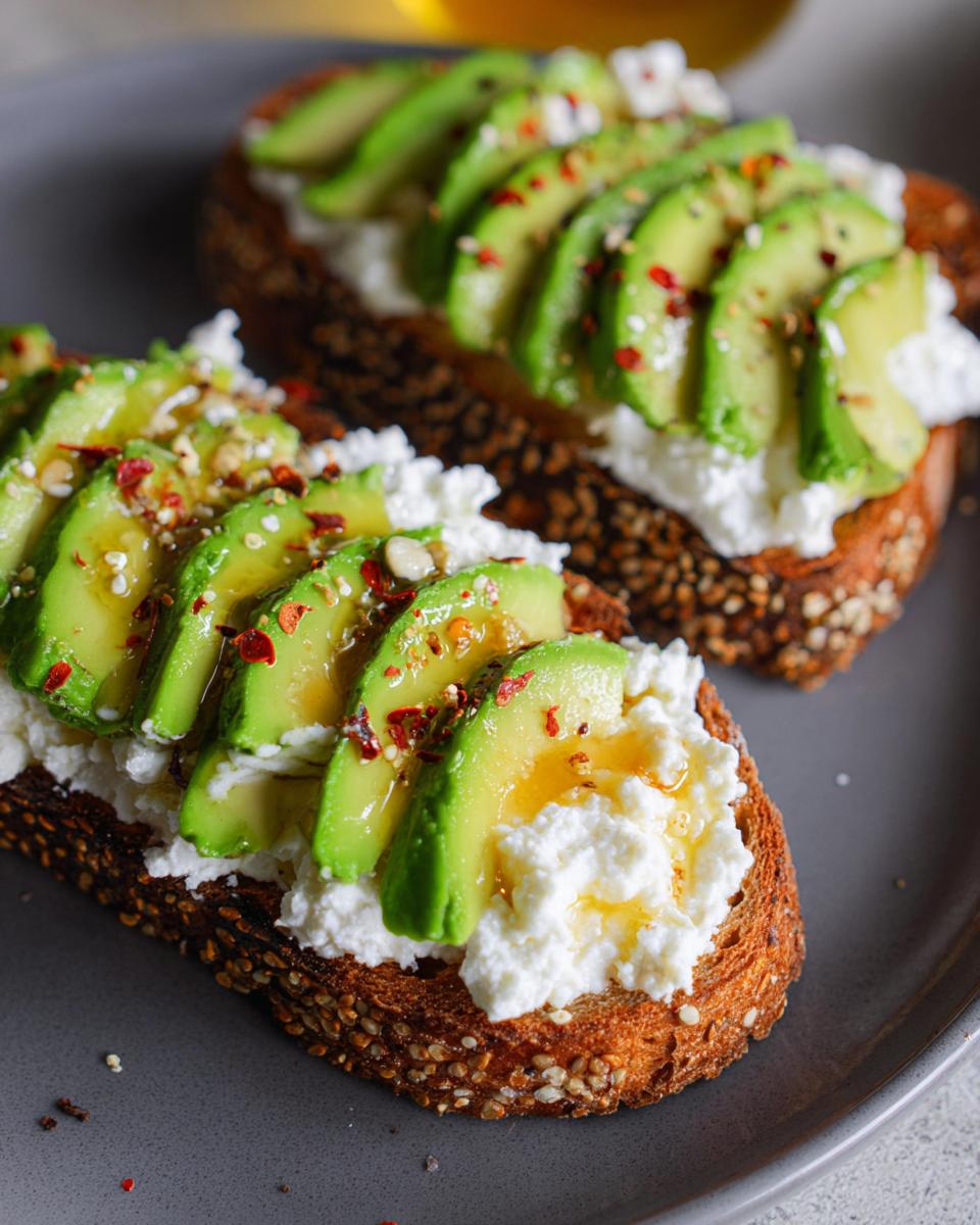 Close-up of EASY Avocado Toast with Cottage Cheese & Honey, featuring sliced avocado, creamy cottage cheese, and a drizzle of honey on whole-grain toast.