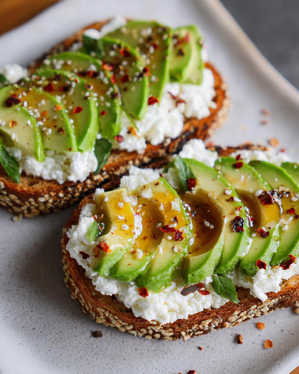 Close-up of two slices of EASY Avocado Toast with Cottage Cheese & Honey, topped with sliced avocado, cottage cheese, and a drizzle of honey.