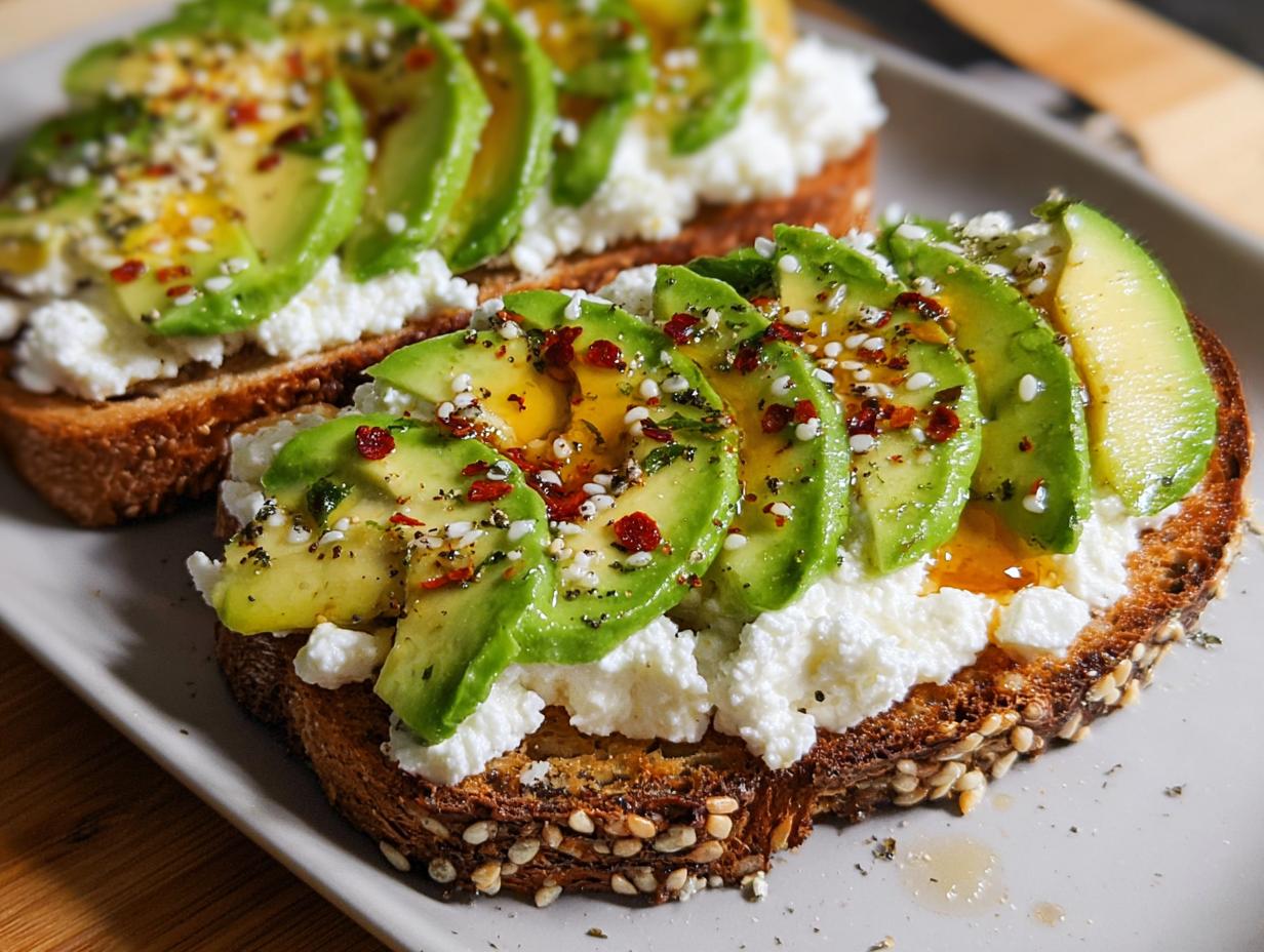 Two slices of EASY Avocado Toast with Cottage Cheese & Honey, topped with sliced avocado, cottage cheese, and a drizzle of honey.