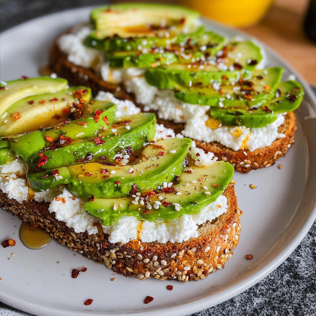 Two slices of EASY Avocado Toast with Cottage Cheese & Honey, topped with fresh avocado slices, cottage cheese, and a drizzle of honey.