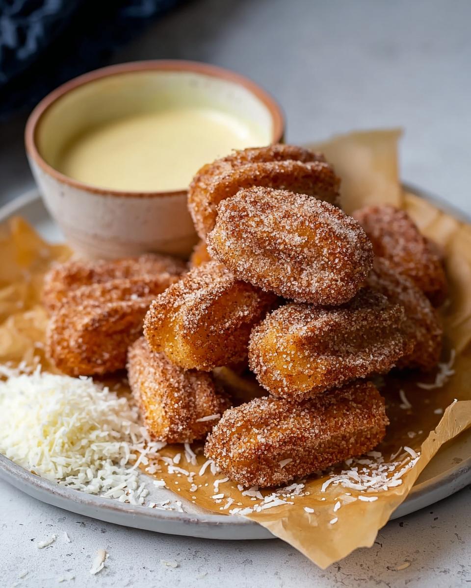 A pile of golden Easy Baked Churro Bites coated in cinnamon sugar, served with a creamy dipping sauce.