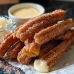 A pile of golden Easy Baked Churro Bites coated in cinnamon sugar, served with a dipping sauce.